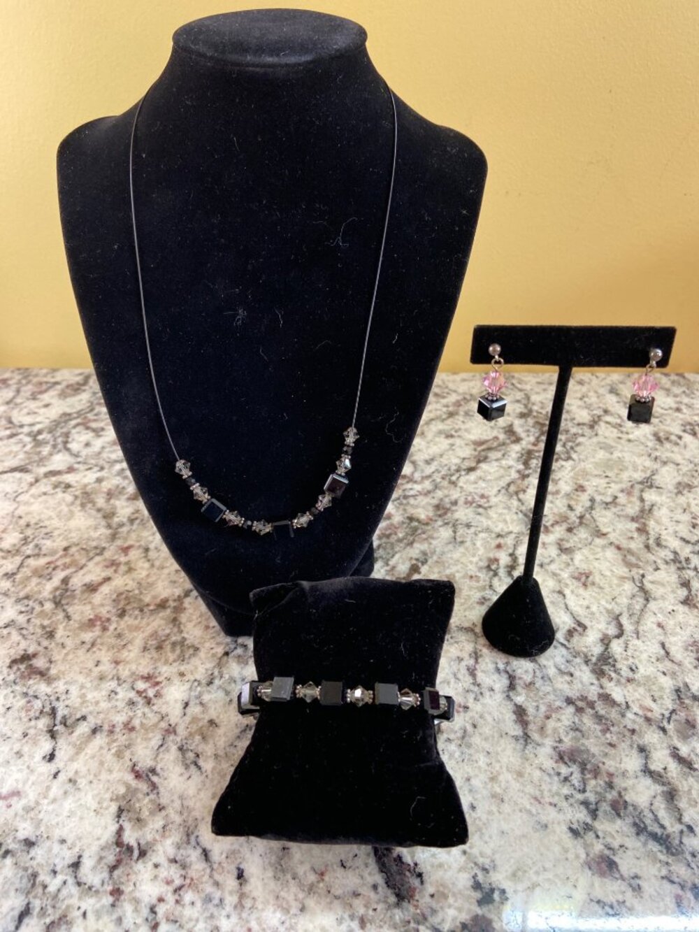 Emily Ray Black Swarovski Crystal Cube Necklace Bracelet Earrings Y2K Gothic
